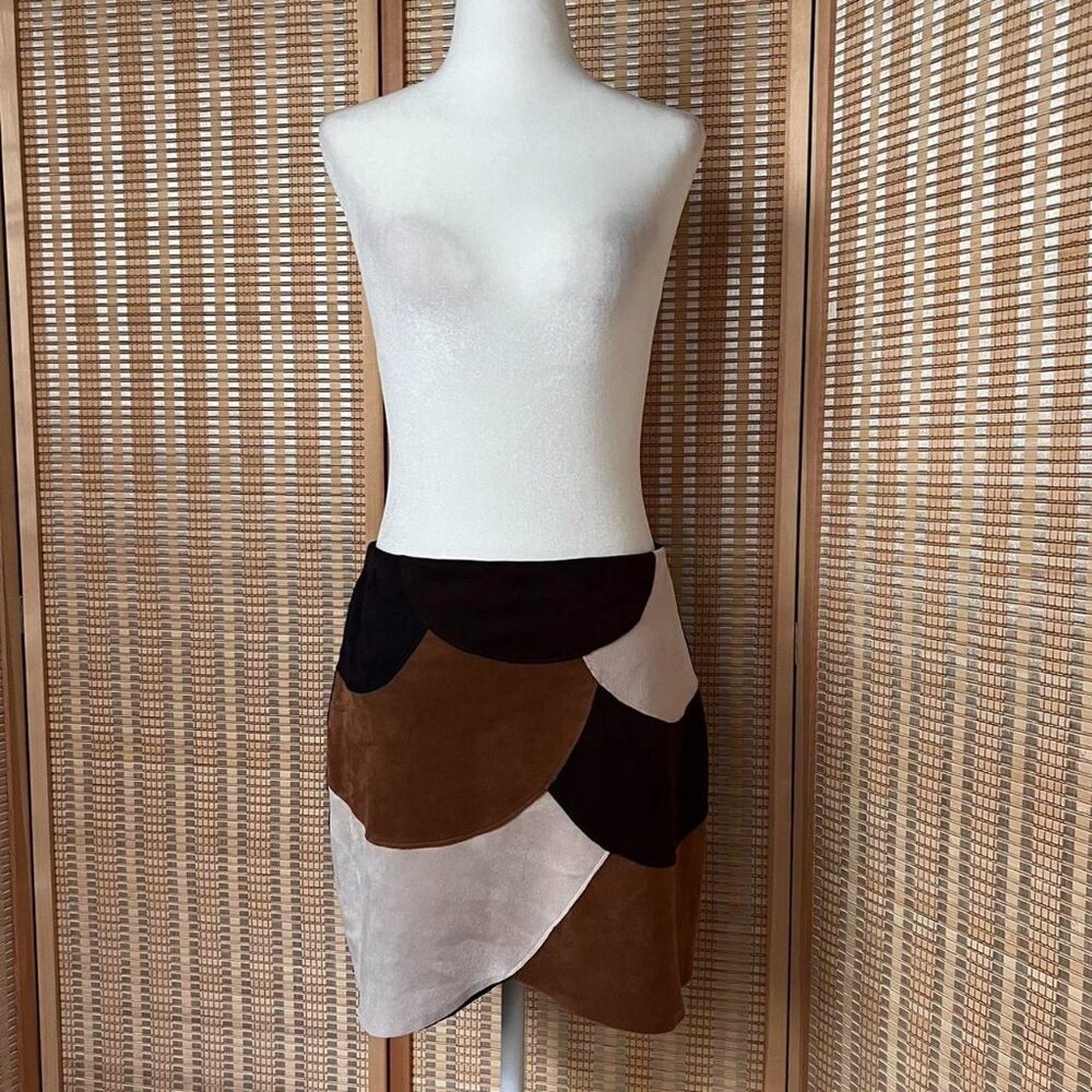 Patchwork Suede Mini Skirt in Brown, Black, and Cream